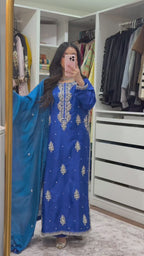 NajmaCouture | Royal Blue Hand-Embroidered Silk Suit with Kora, Dabka & Nakshi Work