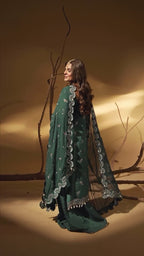 Green Slate | Aylin – Hand-Embellished Raw Silk 3-Piece Suit with Chiffon Dupatta