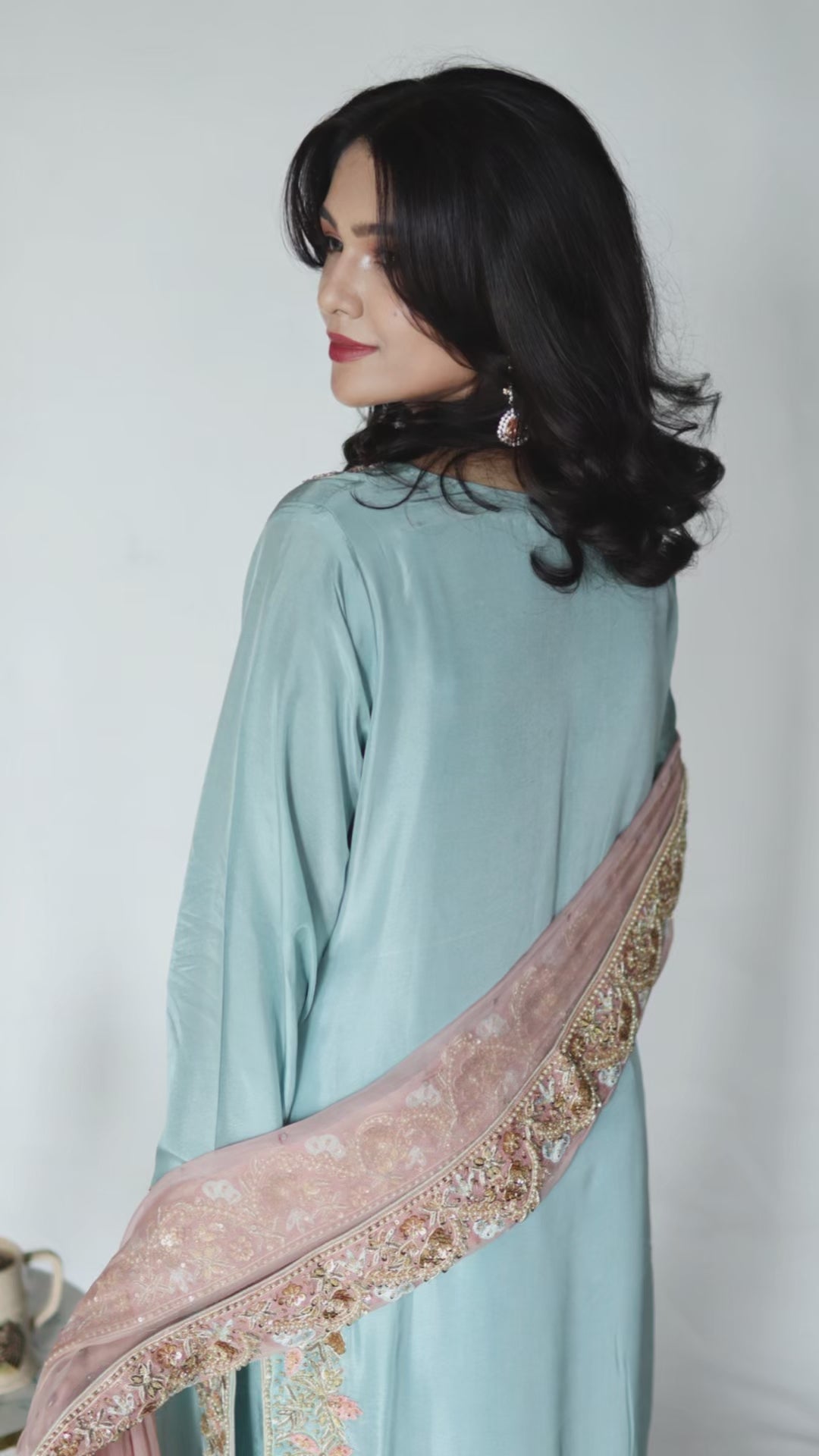 NajmaCouture | Pastel Silk & Chiffon 3-Piece Suit with Hand-Embroidered Dabka, Naqshi & Arria Dupatta