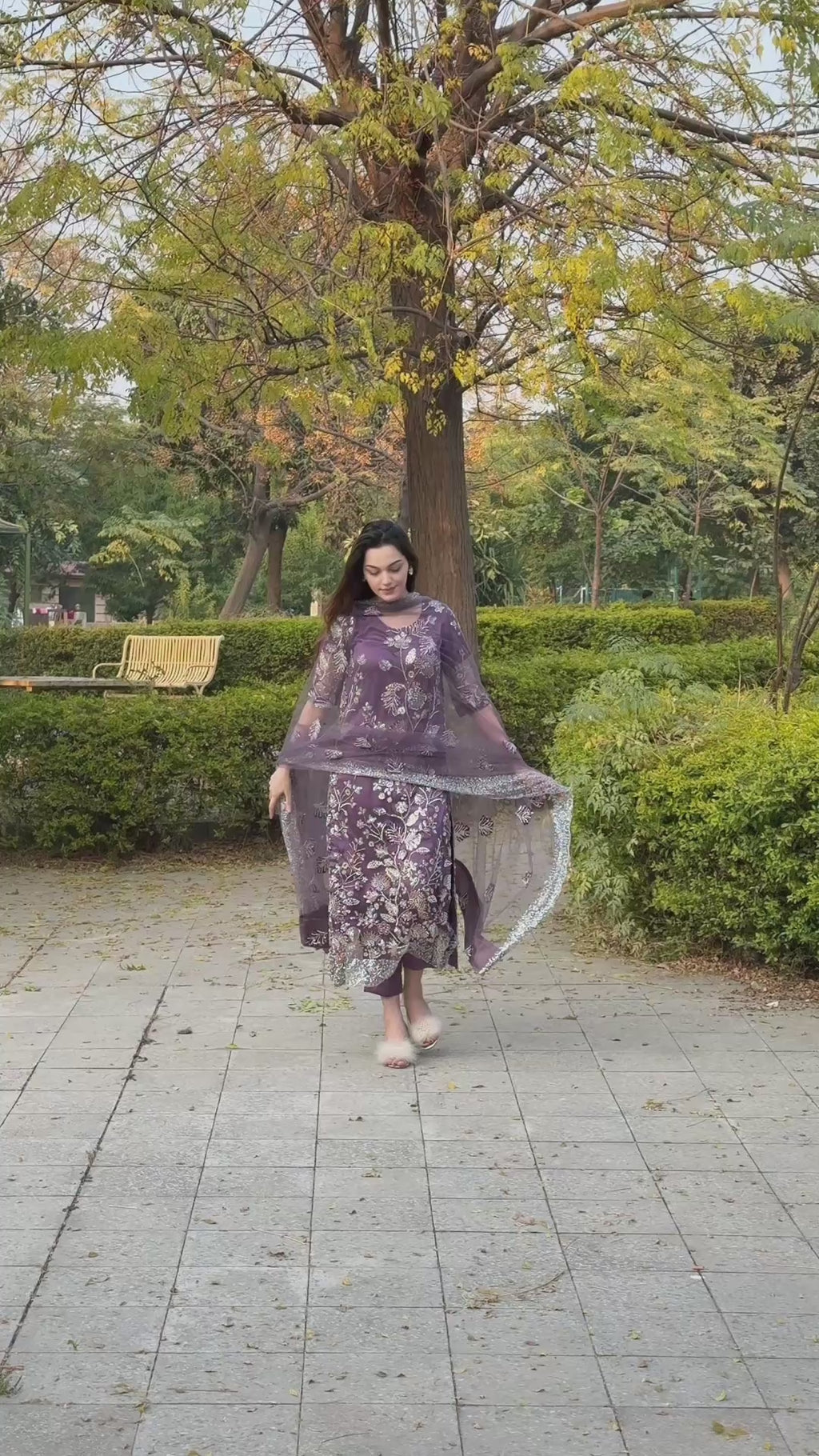 NajmaCouture | Heavy Cutdana Net Dupatta Suit – Elongated Shirt with Silk Border | Purple & Gray