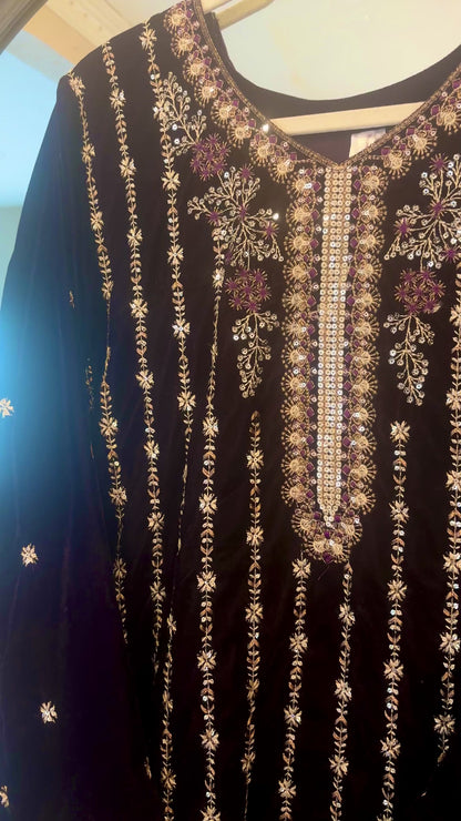 Purple Velvet embroidered 3 piece Suits