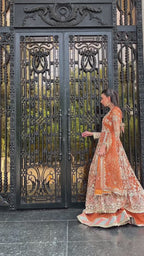 Saffron | Aylin – Rust Hand-Embellished Net Maxi Dress with Raw Silk Lehenga