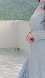 Meher | Tassel Silk 3-Piece Suit with Antique Gold Nakshi, Dabka & Tilla Embroidery – Ice Blue & Maroon