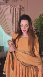 NajmaCouture | Sona Maxi – Mustard Gold Mukesh Work Maxi with Lappa Border & Tilla Lace