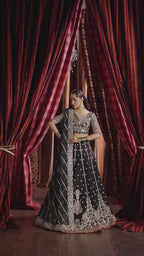 Gulraiz – Afrozeh | Midnight Black Zari & Antique Gold Embroidered Lehenga Choli Set