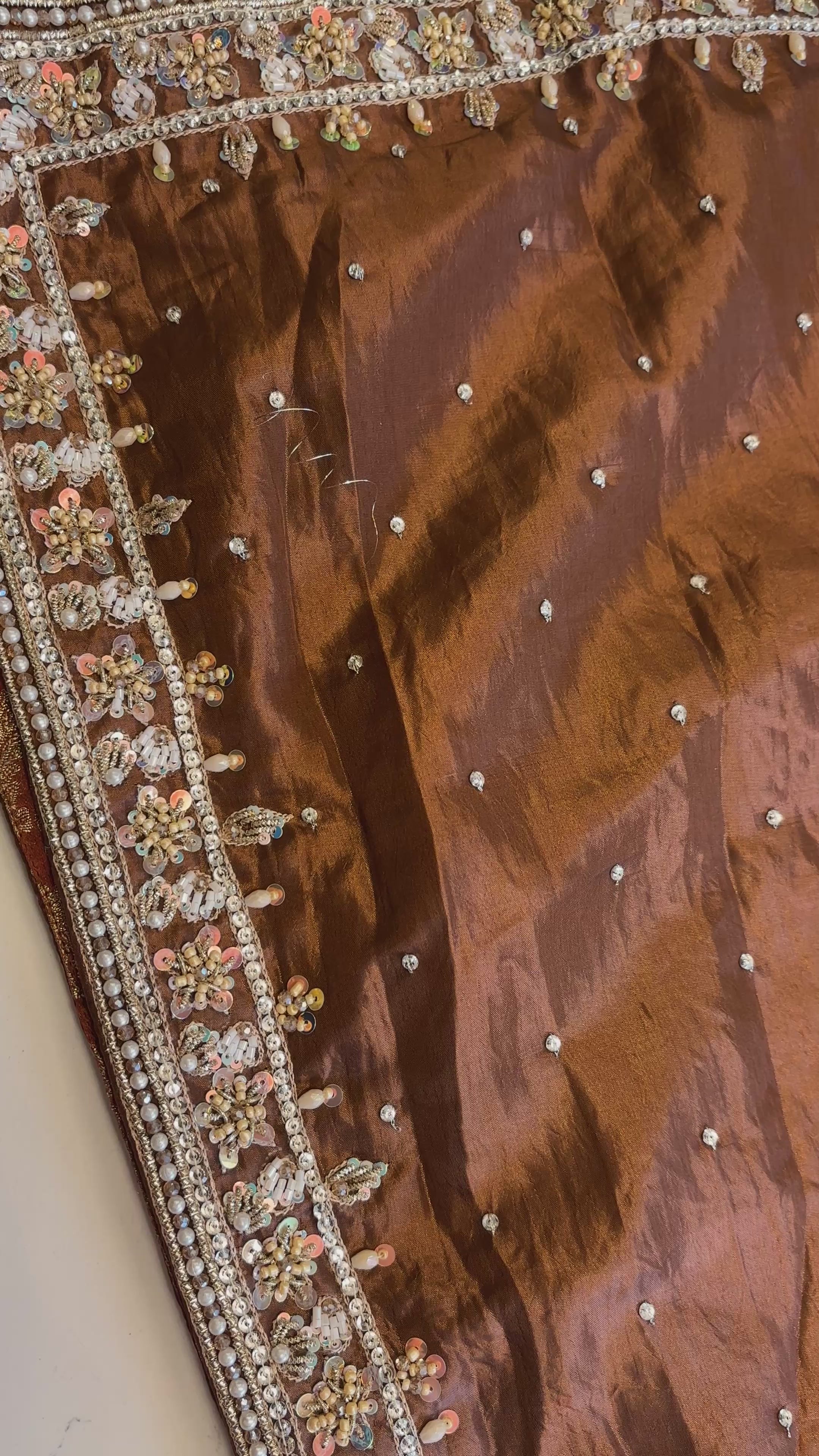 Antique Caramel Crushed Silk Garara Set with Hand Embroidery