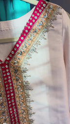 NajmaCouture | Heer – 60gsm Silk Suit with Dabka, Naqshi & Arria Embroidered Dupatta – Pink & Black
