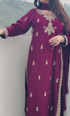 Meher | Tassel Silk 3-Piece Suit with Antique Gold Nakshi, Dabka & Tilla Embroidery – Ice Blue & Maroon