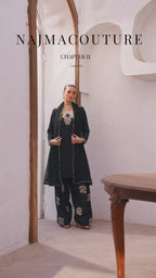 NajmaCouture | Noir Étoile – Black Korean Silk Farshi Shalwar Set with Dabka & Crystal Hand Work