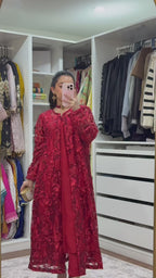 NajmaCouture | Crimson Heavy Embroidery – Red Net Sequin Embroidered Open Coat 3-Piece Suit with Silk Undershirt