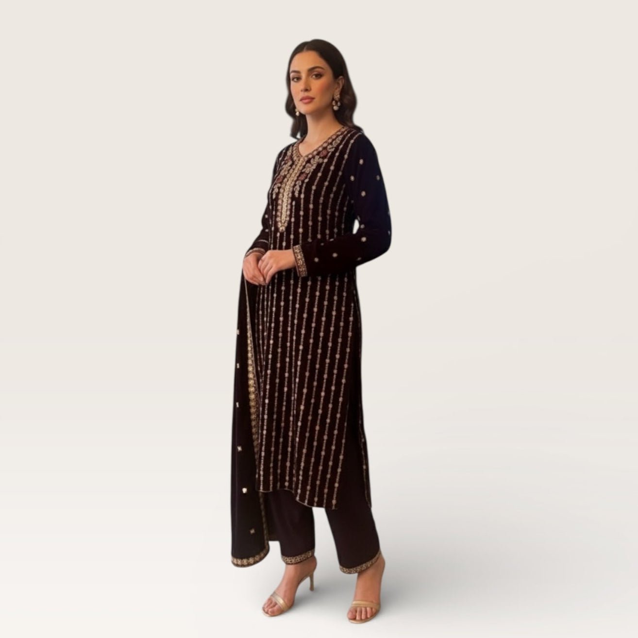 • Clothing: Embroidered/Printed suit for women - Made of best quality fabric - lawn or linen or chiffon - pure silk - Available at Najma Designs & Co. • Jewelry: Gold - plated stud earrings for