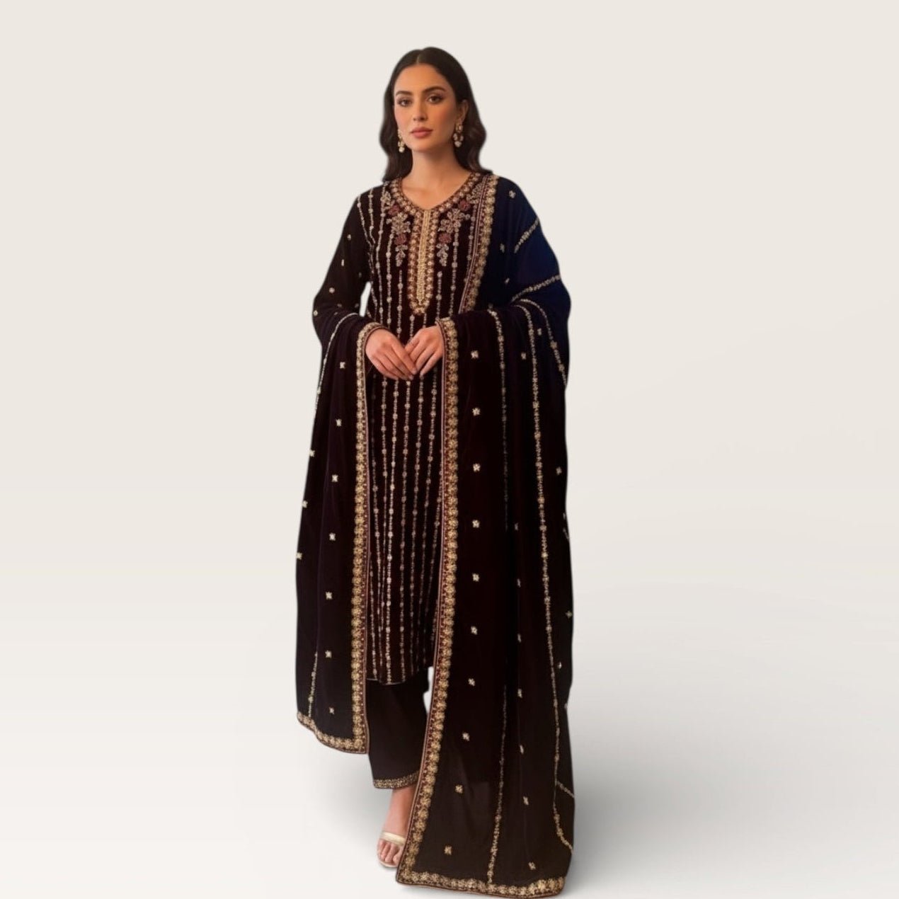 • Clothing: Embroidered/Printed suit for women - Made of best quality fabric - lawn or linen or chiffon - pure silk - Available at Najma Designs & Co. • Jewelry: Gold - plated stud earrings for