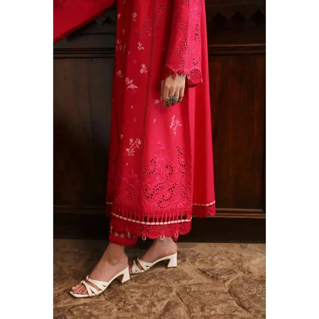 Stitched 3-Piece Chikankari Embroidered Linen Suit in Pink – Chiffon Embroidered Dupatta & Plain Linen Trouser – Elegant Pakistani Outfit for Women