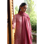 Stitched 3-Piece Chikankari Embroidered Linen Suit in Baby Pink – Jacquard Weaved Dupatta & Plain Linen Trouser 
