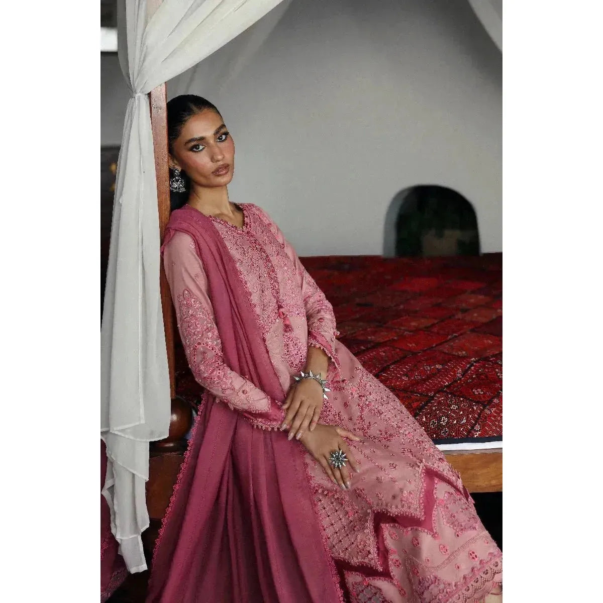 qalamkar pink dress QALAMKAR PINK CHIKANKARI LAWN EMB DRESS 3PC Emarlad Wear