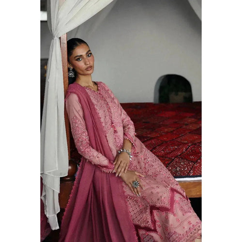 Stitched 3-Piece Chikankari Embroidered Linen Suit in Baby Pink – Jacquard Weaved Dupatta & Plain Linen Trouser 