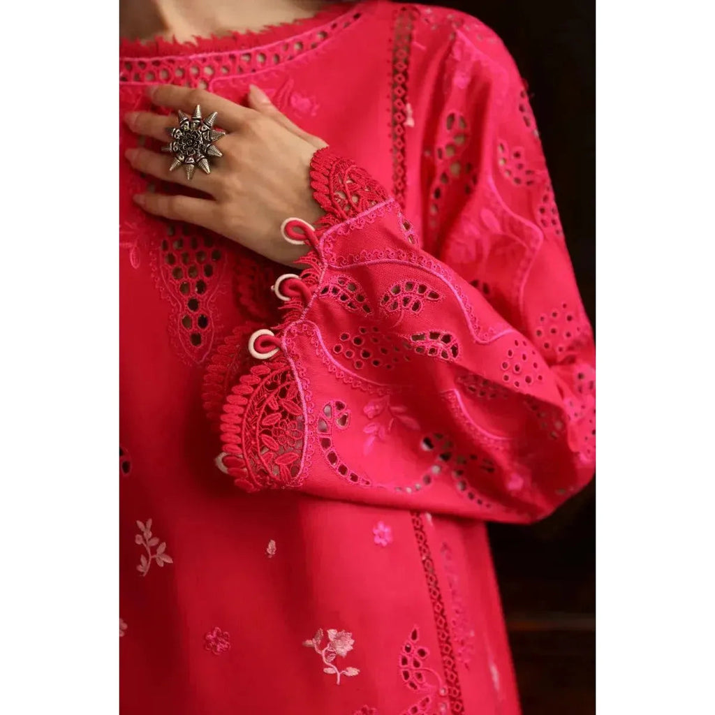 Stitched 3-Piece Chikankari Embroidered Linen Suit in Pink – Chiffon Embroidered Dupatta & Plain Linen Trouser – Elegant Pakistani Outfit for Women
