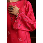 Stitched 3-Piece Chikankari Embroidered Linen Suit in Pink – Chiffon Embroidered Dupatta & Plain Linen Trouser – Elegant Pakistani Outfit for Women