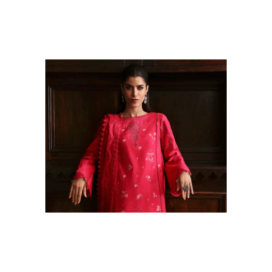 Stitched 3-Piece Chikankari Embroidered Linen Suit in Pink – Chiffon Embroidered Dupatta & Plain Linen Trouser – Elegant Pakistani Outfit for Women