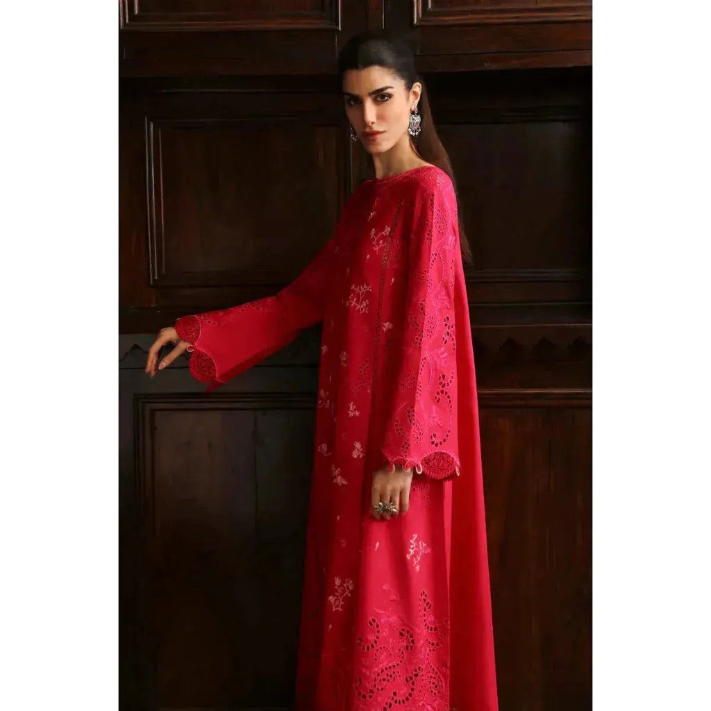 Stitched 3-Piece Chikankari Embroidered Linen Suit in Pink – Chiffon Embroidered Dupatta & Plain Linen Trouser – Elegant Pakistani Outfit for Women