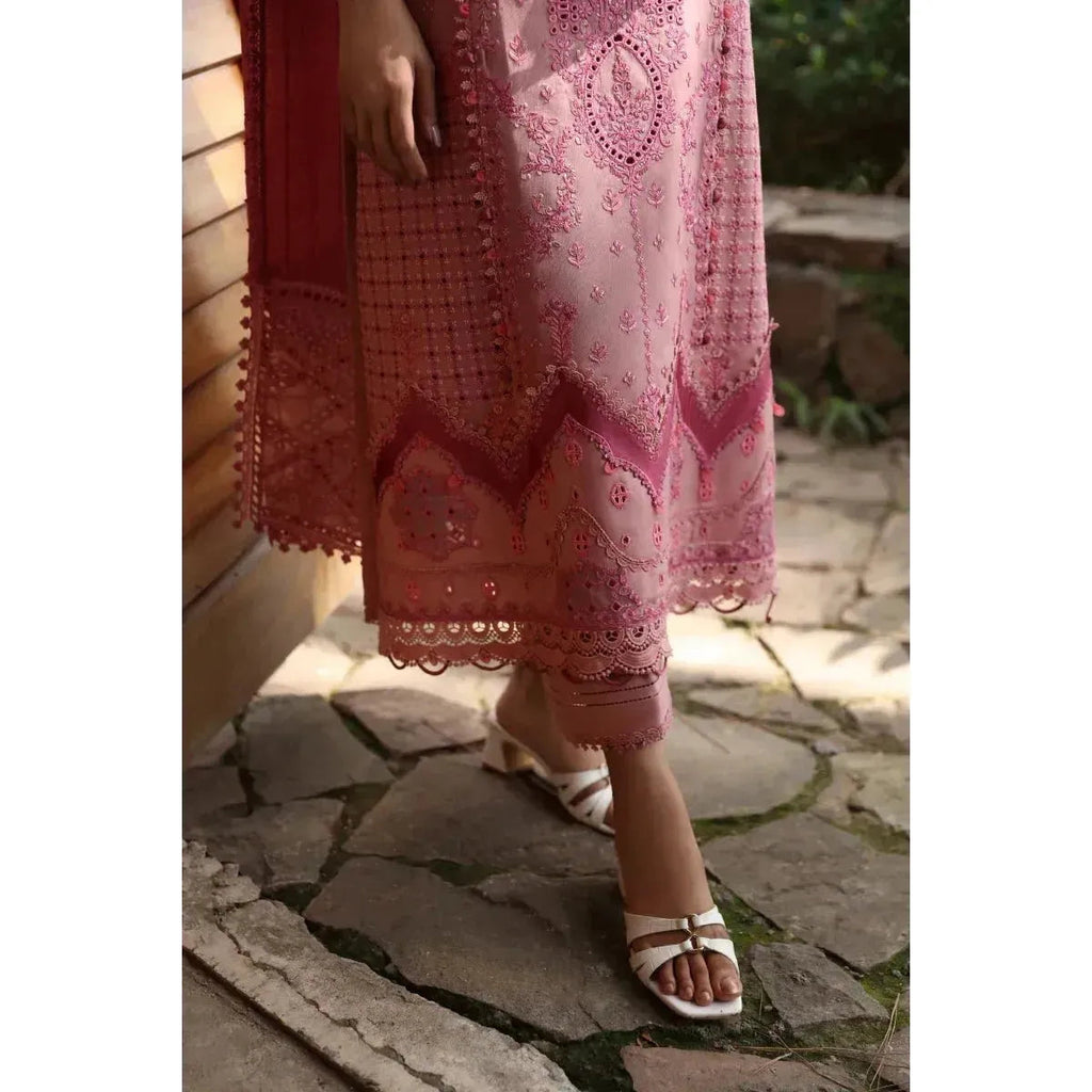 Stitched 3-Piece Chikankari Embroidered Linen Suit in Baby Pink – Jacquard Weaved Dupatta & Plain Linen Trouser 