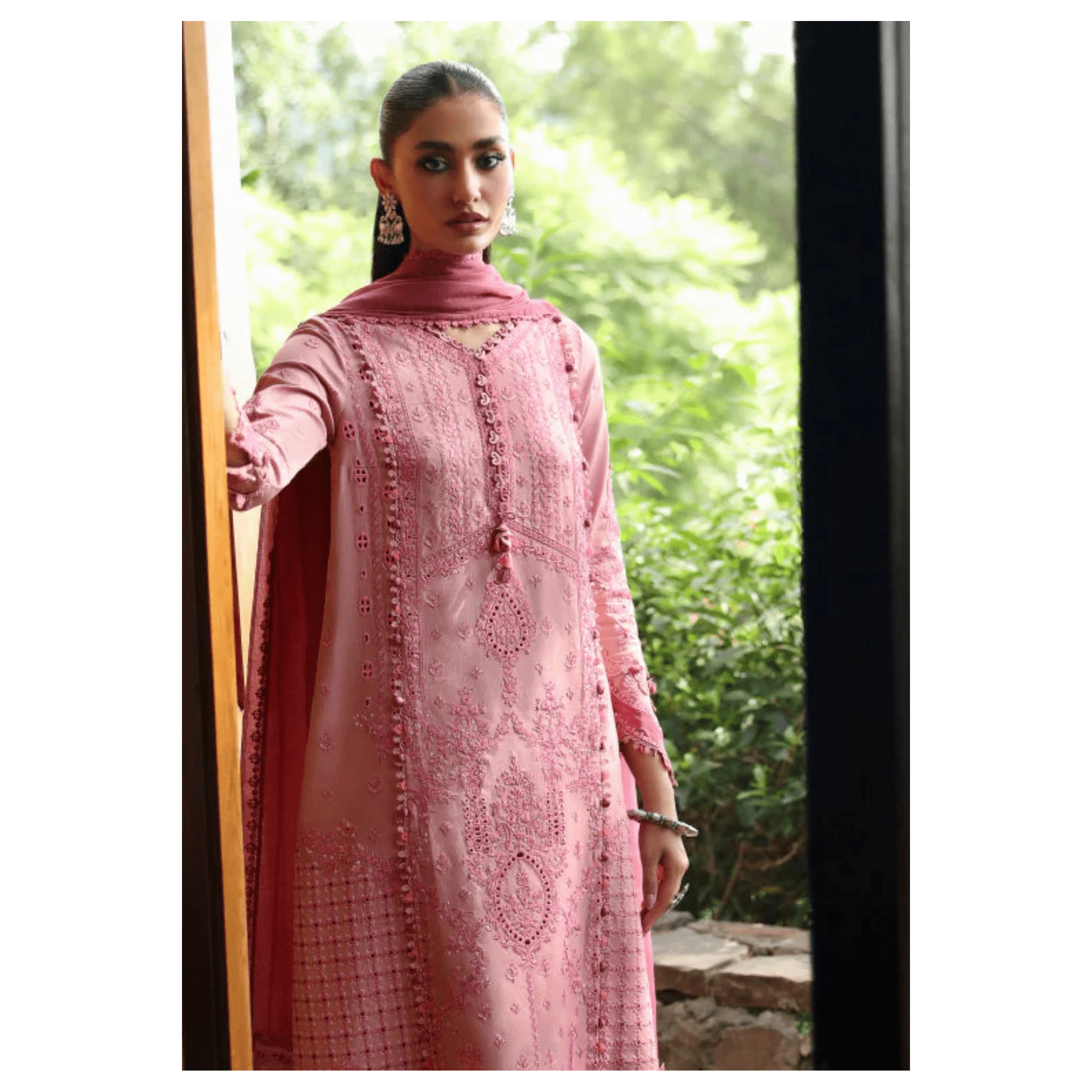 Stitched 3-Piece Chikankari Embroidered Linen Suit in Baby Pink – Jacquard Weaved Dupatta & Plain Linen Trouser 