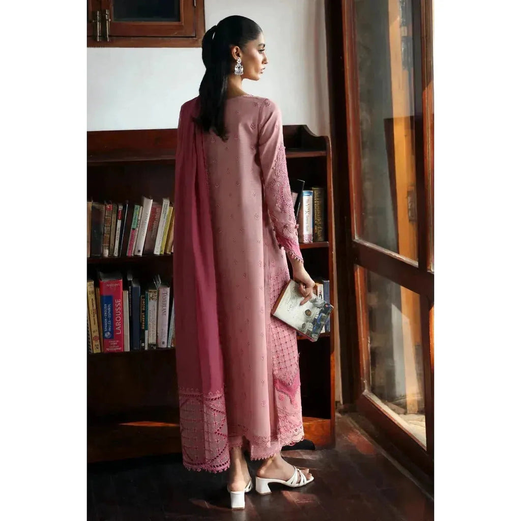 Stitched 3-Piece Chikankari Embroidered Linen Suit in Baby Pink – Jacquard Weaved Dupatta & Plain Linen Trouser 