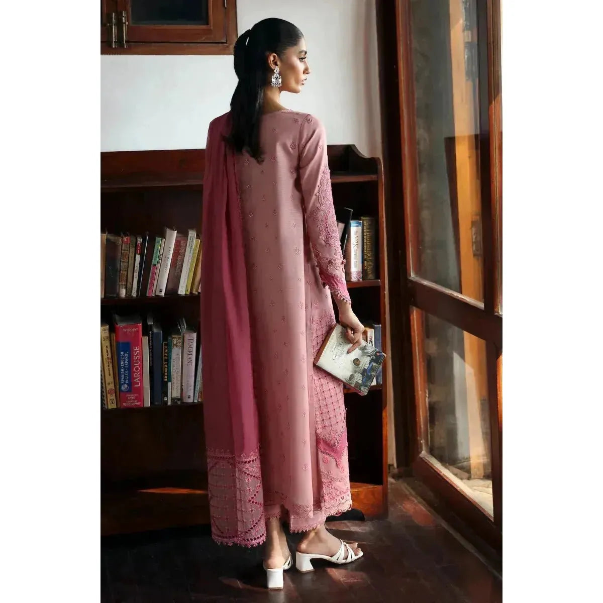 Stitched 3-Piece Chikankari Embroidered Linen Suit in Baby Pink – Jacquard Weaved Dupatta & Plain Linen Trouser 