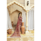 Stitched Two-Tone Red Lehnga with Antique Gold Embellishments, Ornate Design on Panels, Sleeves, Bodice, and Neckline, Unique Bronze 'Panni' Dupatta with Silver Jamawar Borders, Organza Fabric, Luxe and Grand Statement Piece