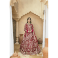 Stitched Two-Tone Red Lehnga with Antique Gold Embellishments, Ornate Design on Panels, Sleeves, Bodice, and Neckline, Unique Bronze 'Panni' Dupatta with Silver Jamawar Borders, Organza Fabric, Luxe and Grand Statement Piece
