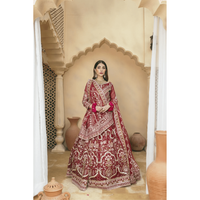 Stitched Two-Tone Red Lehnga with Antique Gold Embellishments, Ornate Design on Panels, Sleeves, Bodice, and Neckline, Unique Bronze 'Panni' Dupatta with Silver Jamawar Borders, Organza Fabric, Luxe and Grand Statement Piece