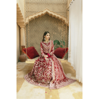 Stitched Two-Tone Red Lehnga with Antique Gold Embellishments, Ornate Design on Panels, Sleeves, Bodice, and Neckline, Unique Bronze 'Panni' Dupatta with Silver Jamawar Borders, Organza Fabric, Luxe and Grand Statement Piece