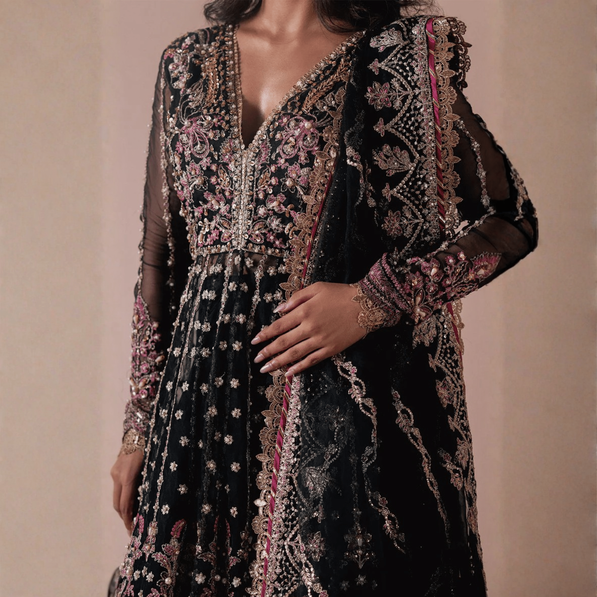 • Clothing: Embroidered/Printed suit for women - Made of best quality fabric - lawn or linen or chiffon - pure silk - Available at Najma Designs & Co. • Jewelry: Gold - plated stud earrings for