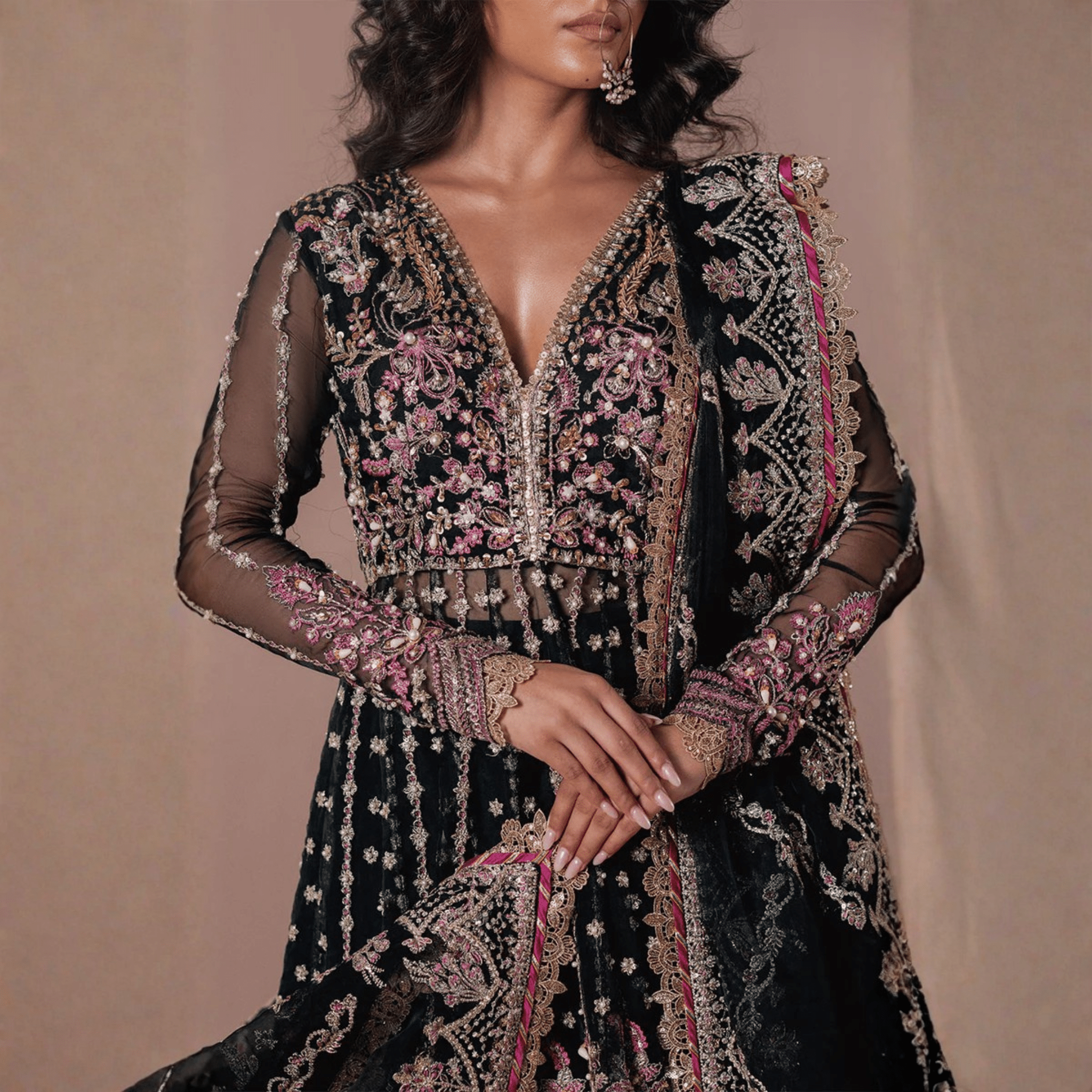 • Clothing: Embroidered/Printed suit for women - Made of best quality fabric - lawn or linen or chiffon - pure silk - Available at Najma Designs & Co. • Jewelry: Gold - plated stud earrings for