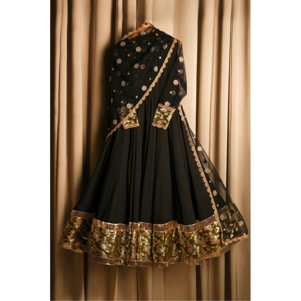 black pishwash Gown with kalliyan maxi banarasi tissue work on the bottom