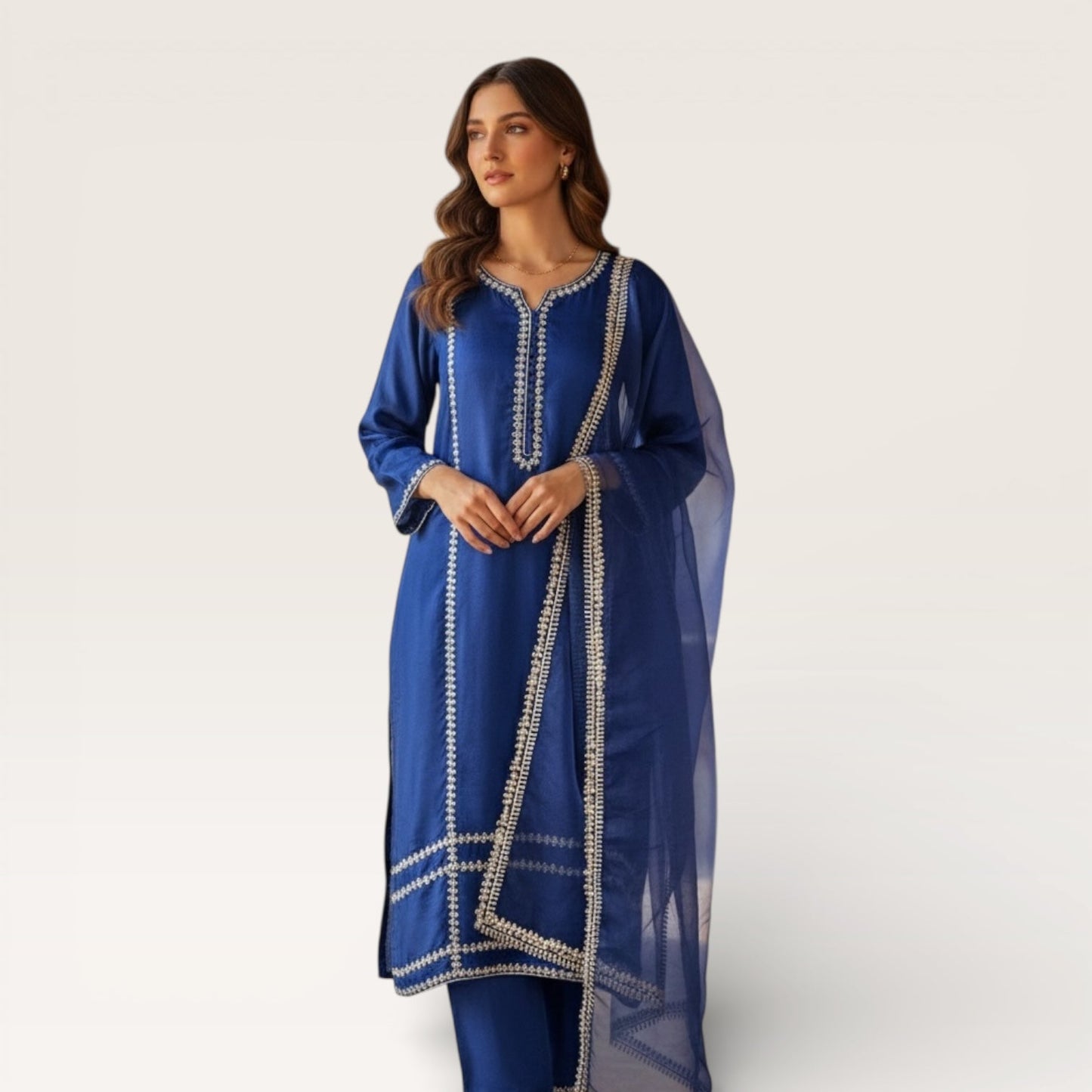 • Clothing: Embroidered/Printed suit for women - Made of best quality fabric - lawn or linen or chiffon - pure silk - Available at Najma Designs & Co. • Jewelry: Gold - plated stud earrings for