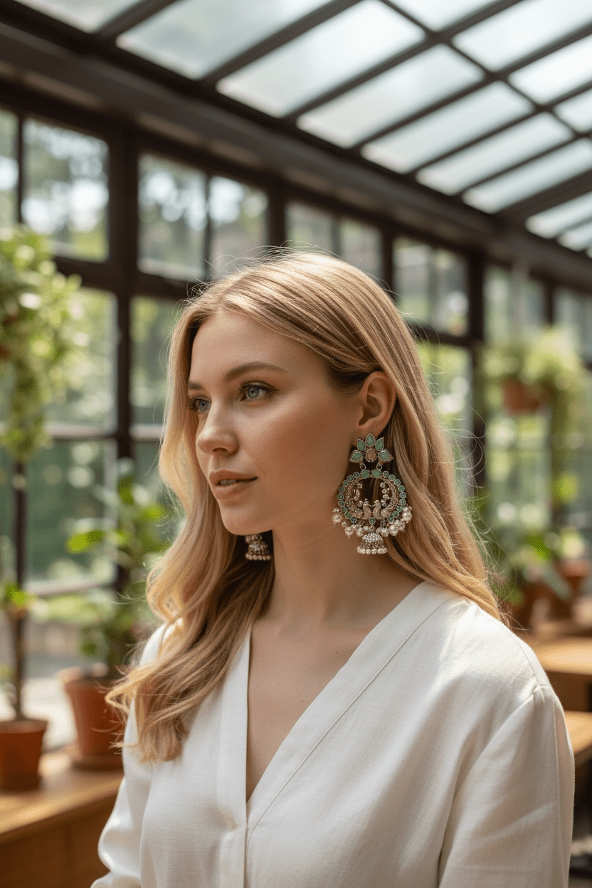 • Clothing: Embroidered/Printed suit for women - Made of best quality fabric - lawn or linen or chiffon - pure silk - Available at Najma Designs & Co. • Jewelry: Gold - plated stud earrings for