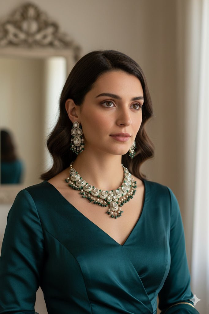 • Clothing: Embroidered/Printed suit for women - Made of best quality fabric - lawn or linen or chiffon - pure silk - Available at Najma Designs & Co. • Jewelry: Gold - plated stud earrings for