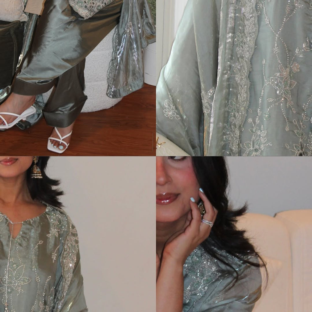 • Clothing: Embroidered/Printed suit for women - Made of best quality fabric - lawn or linen or chiffon - pure silk - Available at Najma Designs & Co. • Jewelry: Gold - plated stud earrings for