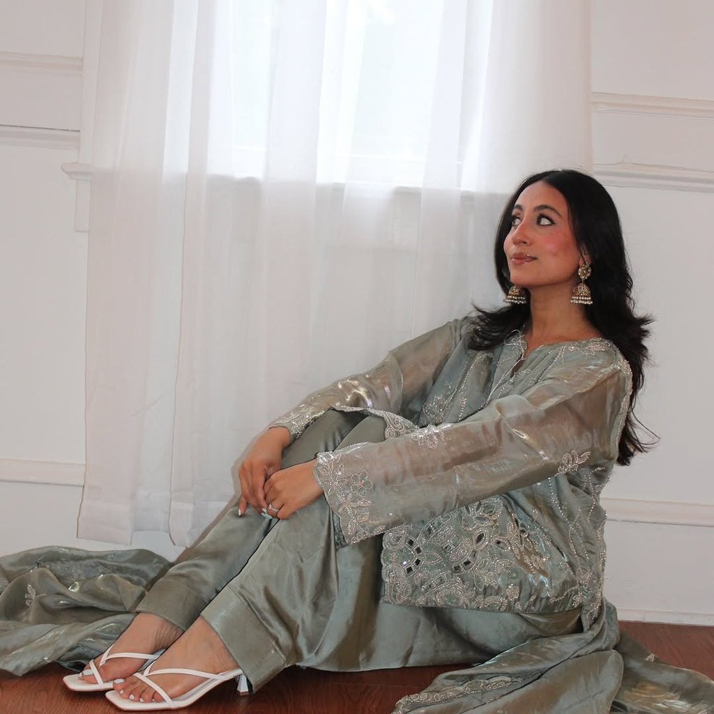 • Clothing: Embroidered/Printed suit for women - Made of best quality fabric - lawn or linen or chiffon - pure silk - Available at Najma Designs & Co. • Jewelry: Gold - plated stud earrings for
