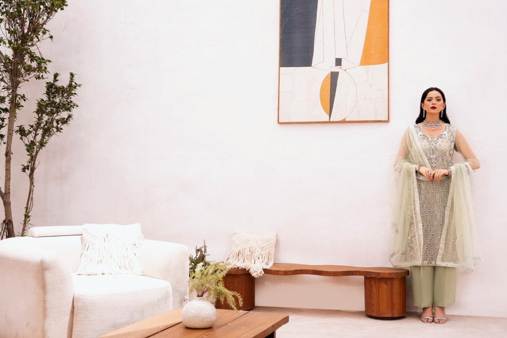 • Clothing: Embroidered/Printed suit for women - Made of best quality fabric - lawn or linen or chiffon - pure silk - Available at Najma Designs & Co. • Jewelry: Gold - plated stud earrings for