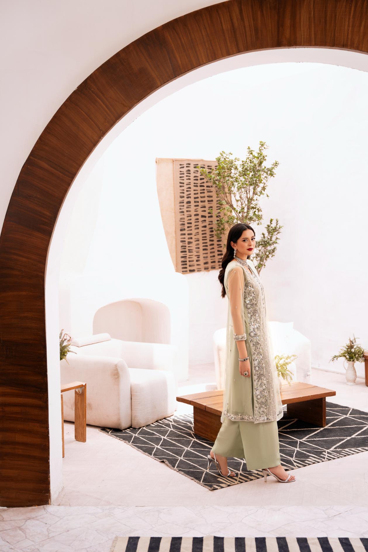 • Clothing: Embroidered/Printed suit for women - Made of best quality fabric - lawn or linen or chiffon - pure silk - Available at Najma Designs & Co. • Jewelry: Gold - plated stud earrings for