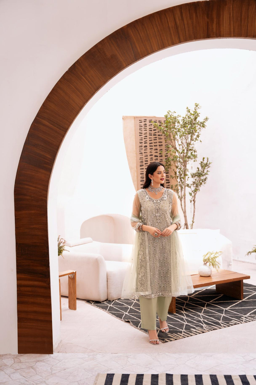 • Clothing: Embroidered/Printed suit for women - Made of best quality fabric - lawn or linen or chiffon - pure silk - Available at Najma Designs & Co. • Jewelry: Gold - plated stud earrings for