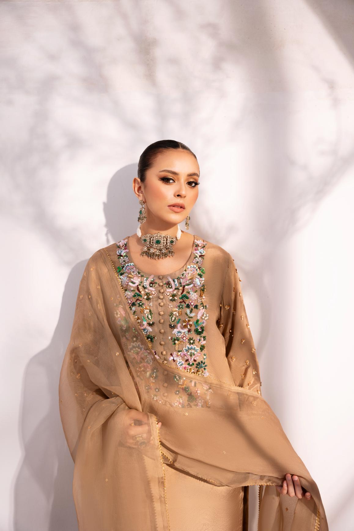 • Clothing: Embroidered/Printed suit for women - Made of best quality fabric - lawn or linen or chiffon - pure silk - Available at Najma Designs & Co. • Jewelry: Gold - plated stud earrings for