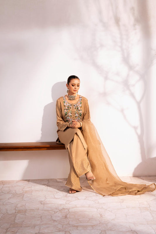 • Clothing: Embroidered/Printed suit for women - Made of best quality fabric - lawn or linen or chiffon - pure silk - Available at Najma Designs & Co. • Jewelry: Gold - plated stud earrings for