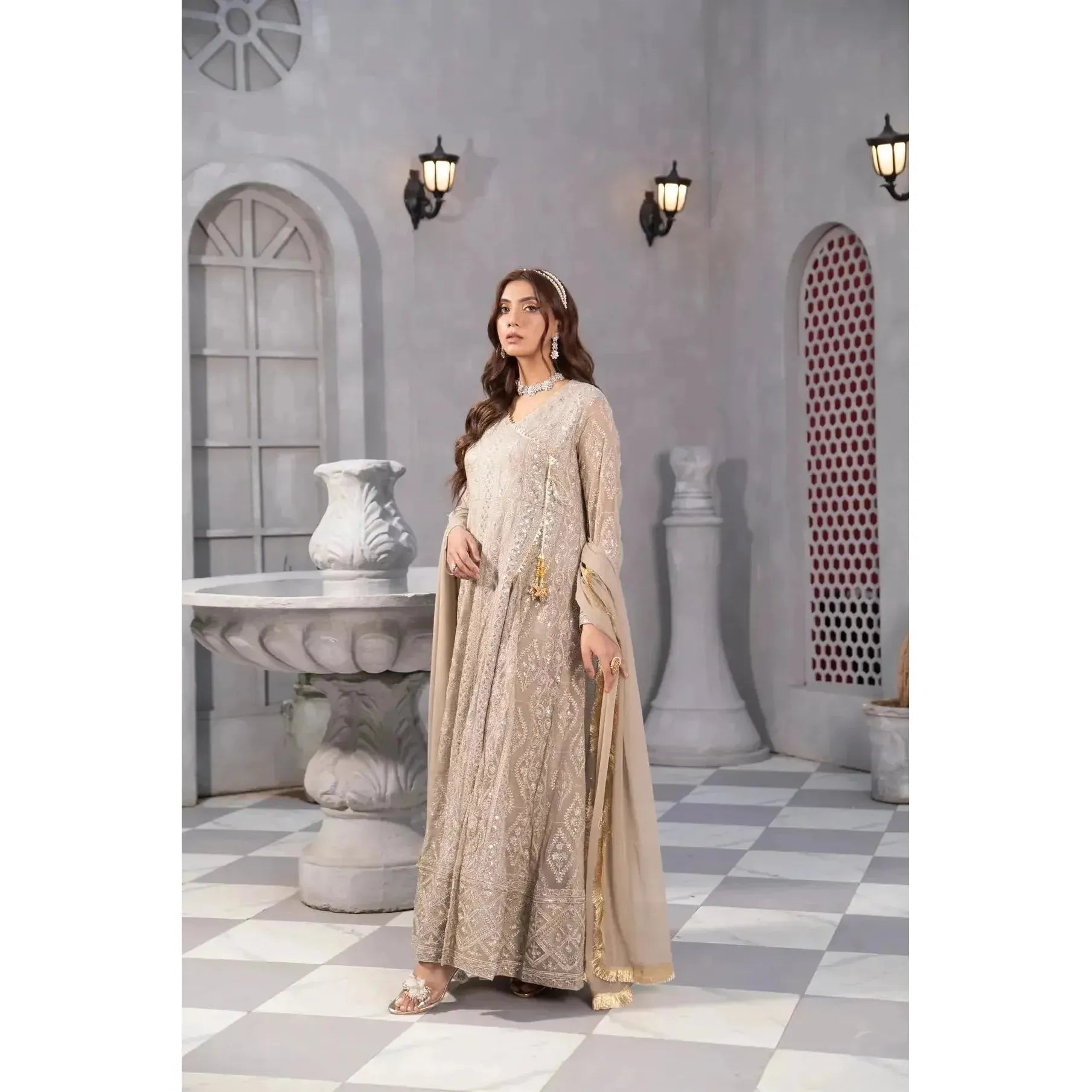 Stunning Sand Color Long Angrakha Frock with Full Embroidery and Intricate Sequin Work, Handmade Dori Tassel and Gota Laces for Polished Appearance, Paired with Malai Crap Pants and Chiffon Dupatta with Kiran Lace Border, Perfect for Daytime and Evening Events, Elegant Pakistani Traditional Outfit