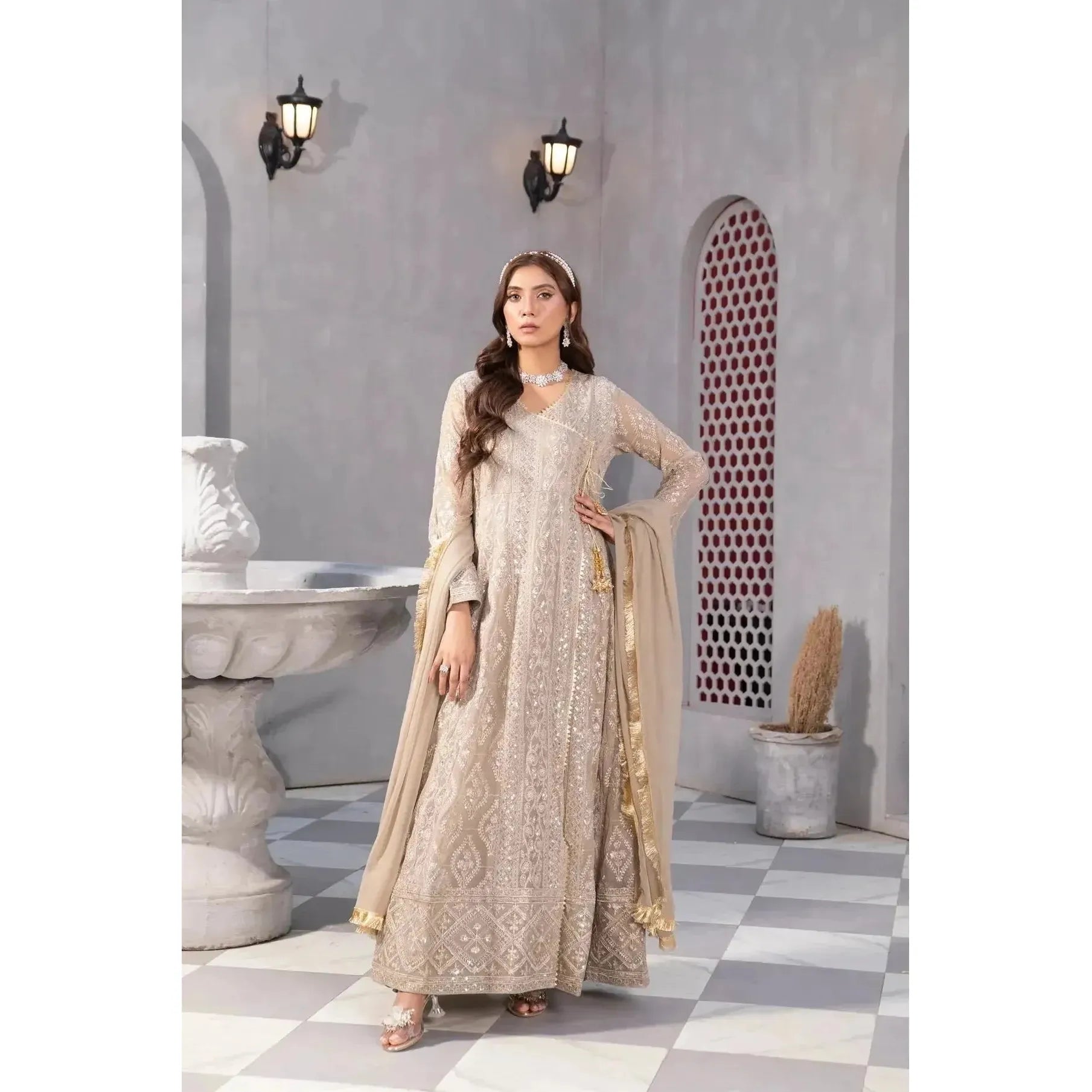 Stunning Sand Color Long Angrakha Frock with Full Embroidery and Intricate Sequin Work, Handmade Dori Tassel and Gota Laces for Polished Appearance, Paired with Malai Crap Pants and Chiffon Dupatta with Kiran Lace Border, Perfect for Daytime and Evening Events, Elegant Pakistani Traditional Outfit