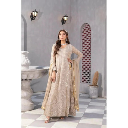 Stunning Sand Color Long Angrakha Frock with Full Embroidery and Intricate Sequin Work, Handmade Dori Tassel and Gota Laces for Polished Appearance, Paired with Malai Crap Pants and Chiffon Dupatta with Kiran Lace Border, Perfect for Daytime and Evening Events, Elegant Pakistani Traditional Outfit
