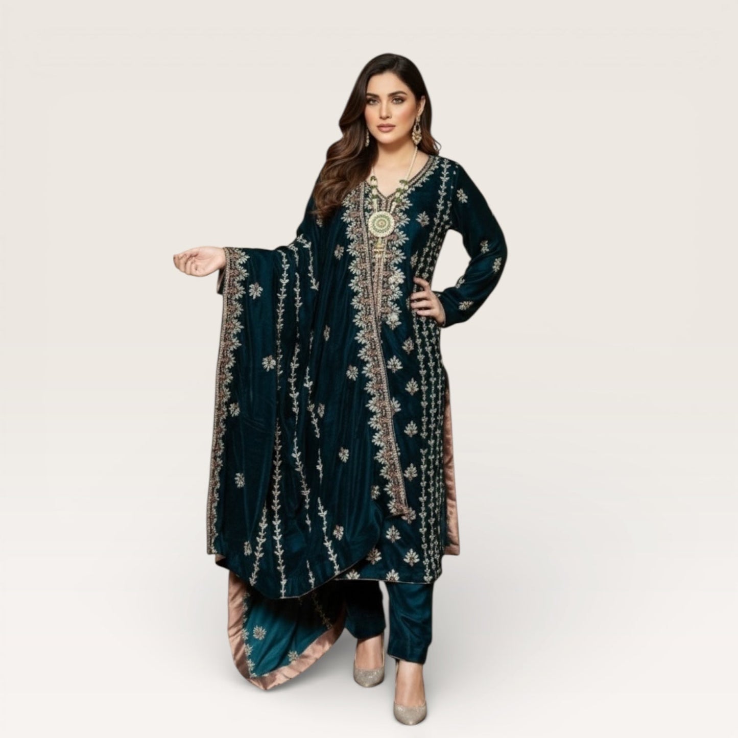 • Clothing: Embroidered/Printed suit for women - Made of best quality fabric - lawn or linen or chiffon - pure silk - Available at Najma Designs & Co. • Jewelry: Gold - plated stud earrings for