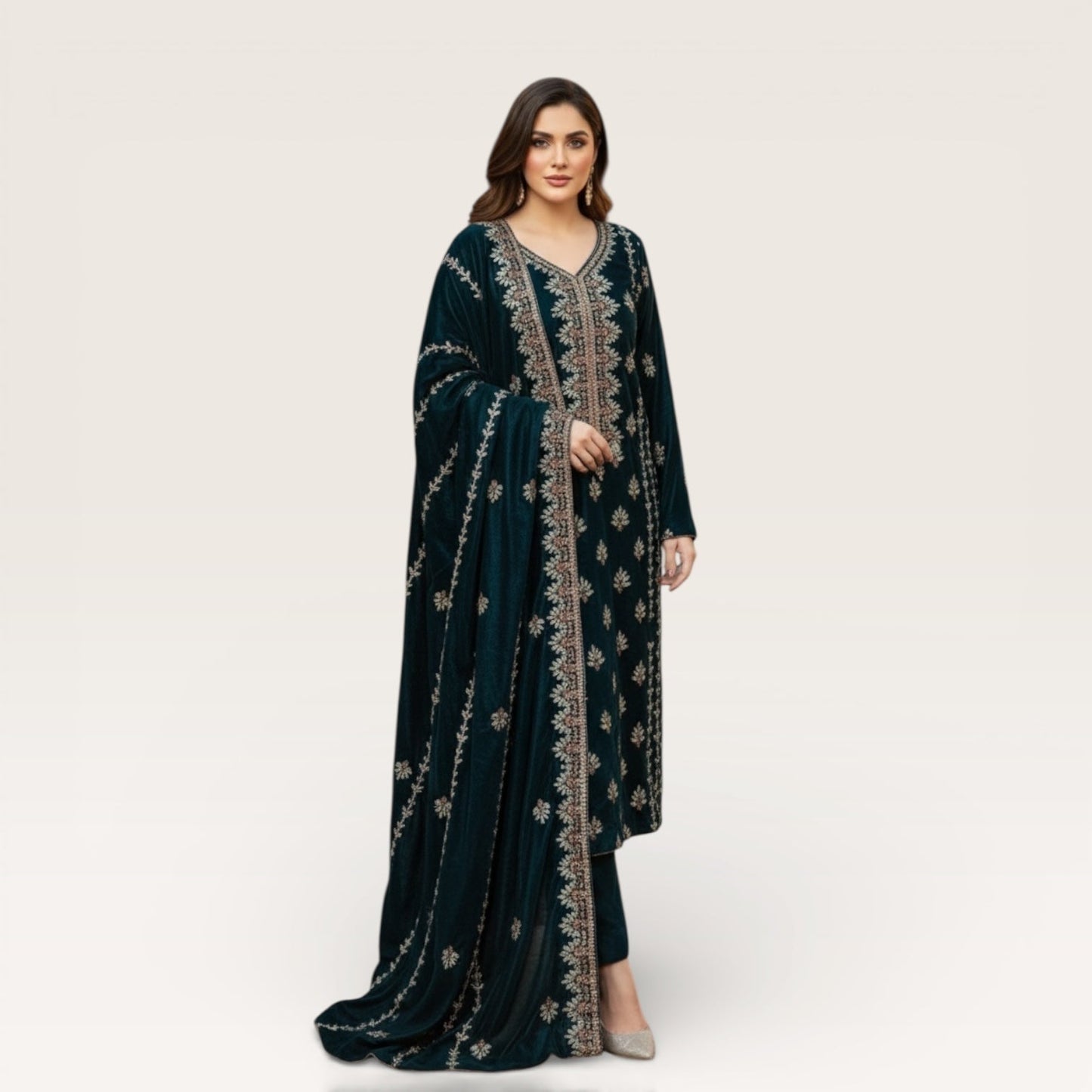 • Clothing: Embroidered/Printed suit for women - Made of best quality fabric - lawn or linen or chiffon - pure silk - Available at Najma Designs & Co. • Jewelry: Gold - plated stud earrings for